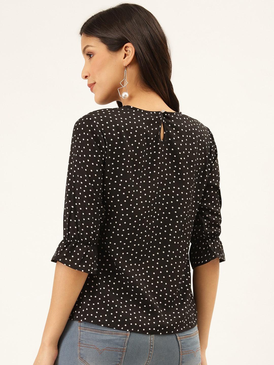 Style Quotient Women Black And White Polka Dot Printed Polyester Smart Casual Top-Tops-StyleQuotient