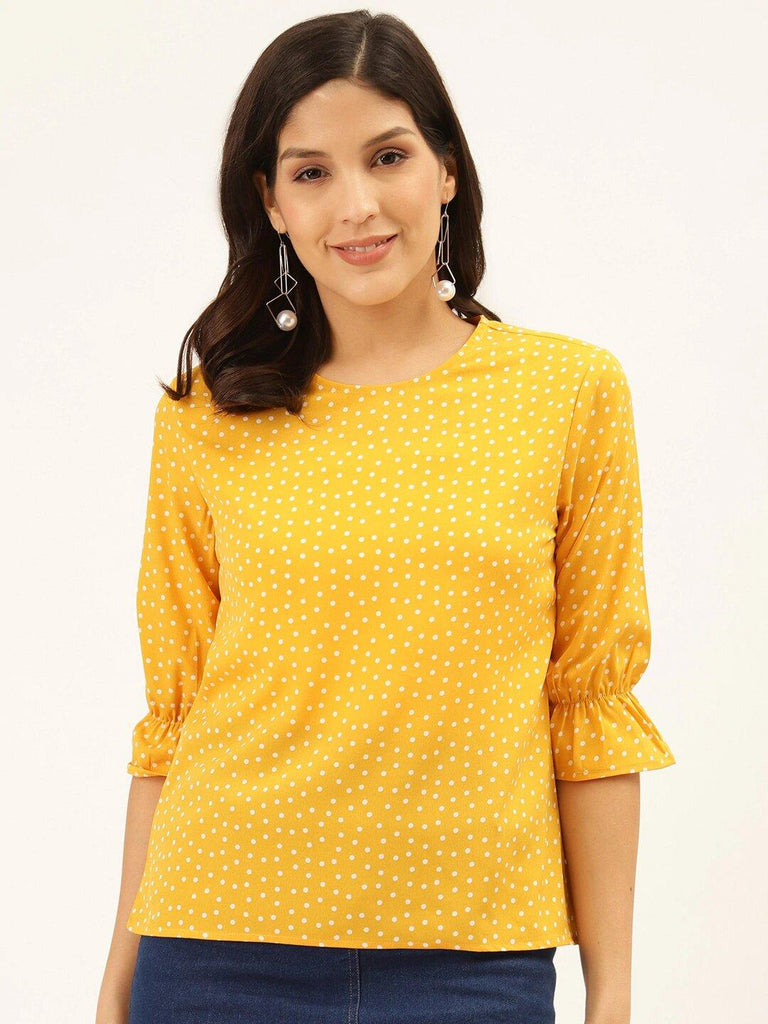 Style Quotient Women Yellow And White Polka Dot Printed Polyester Smart Casual Top-Tops-StyleQuotient