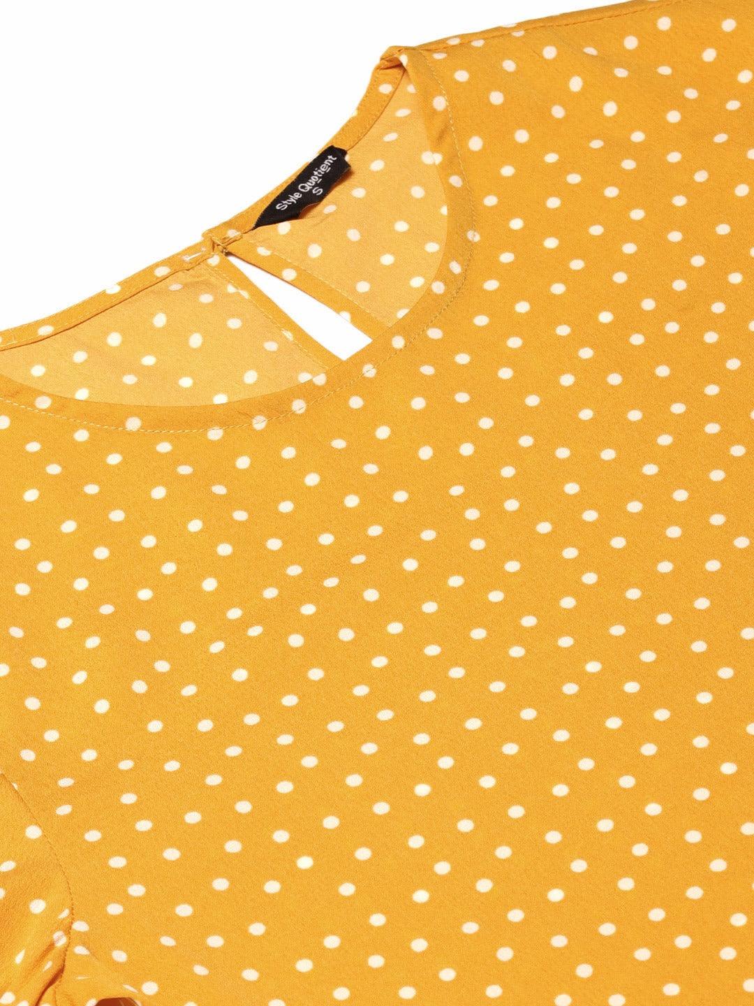 Style Quotient Women Yellow And White Polka Dot Printed Polyester Smart Casual Top-Tops-StyleQuotient