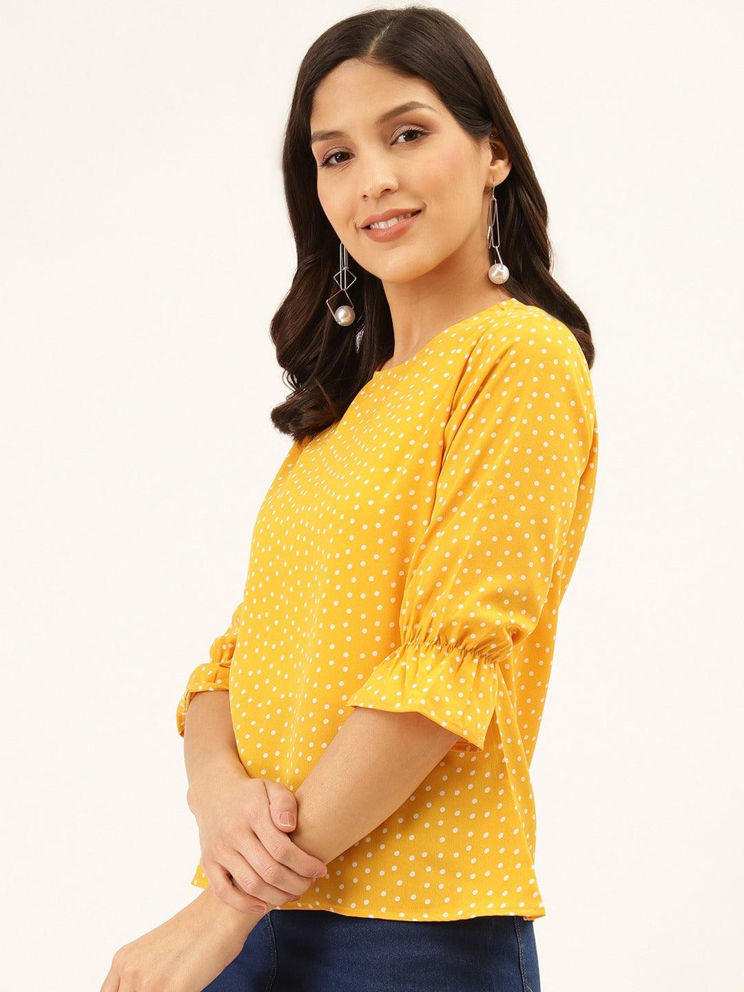 Style Quotient Women Yellow And White Polka Dot Printed Polyester Smart Casual Top-Tops-StyleQuotient