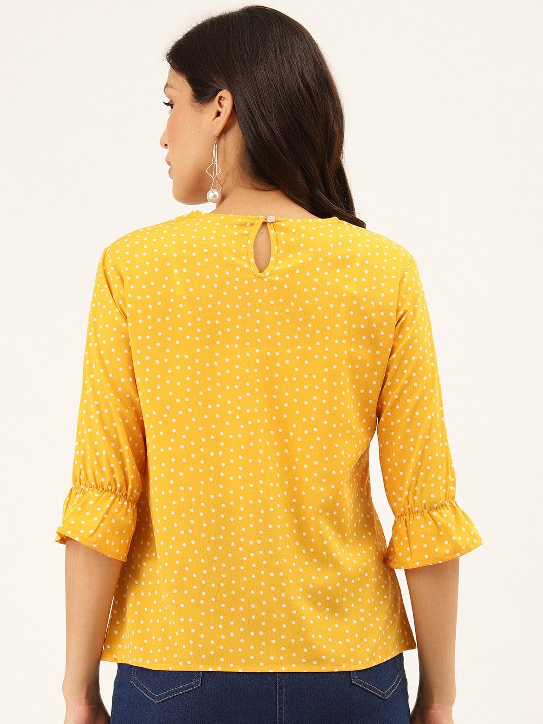 Style Quotient Women Yellow And White Polka Dot Printed Polyester Smart Casual Top-Tops-StyleQuotient