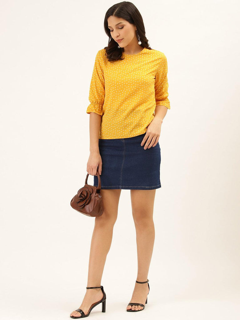 Style Quotient Women Yellow And White Polka Dot Printed Polyester Smart Casual Top-Tops-StyleQuotient