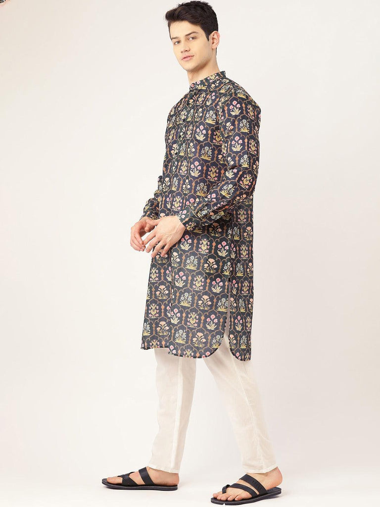 Men Navy Blue & Green Printed Straight Kurta-Mens Kurta-StyleQuotient