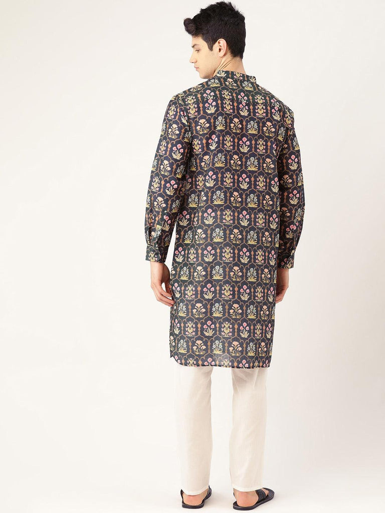 Men Navy Blue & Green Printed Straight Kurta-Mens Kurta-StyleQuotient