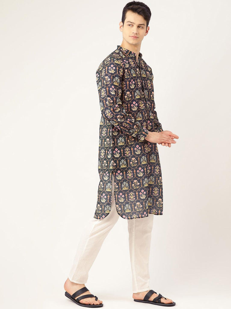 Men Navy Blue & Green Printed Straight Kurta-Mens Kurta-StyleQuotient