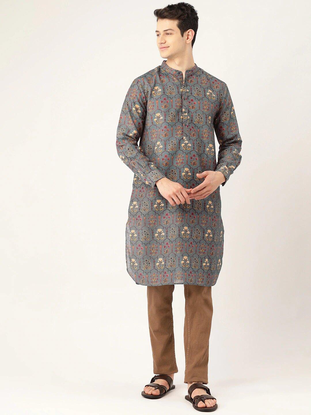 Men Grey & Brown Printed Straight Kurta-Mens Kurta-StyleQuotient