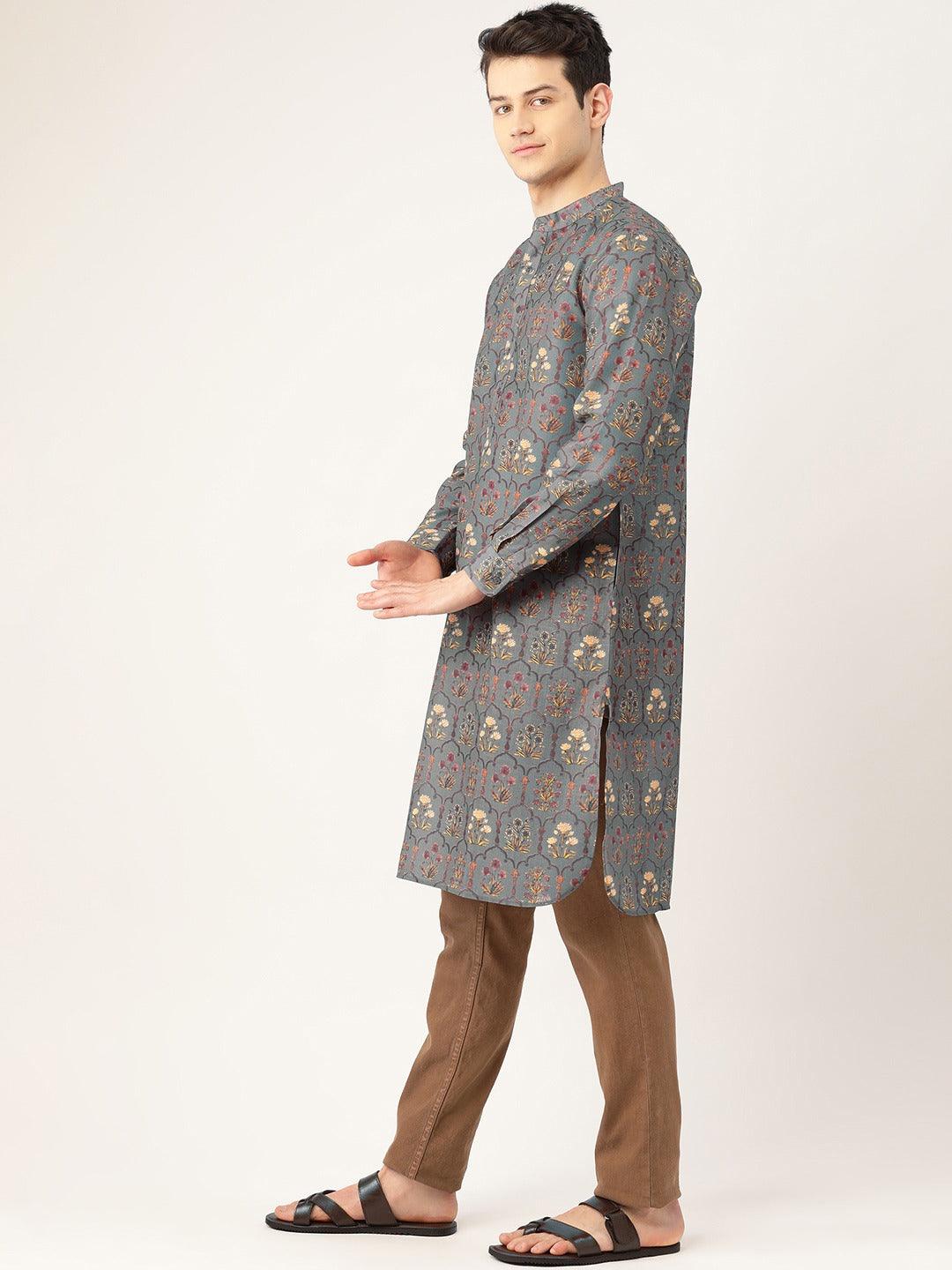 Men Grey & Brown Printed Straight Kurta-Mens Kurta-StyleQuotient