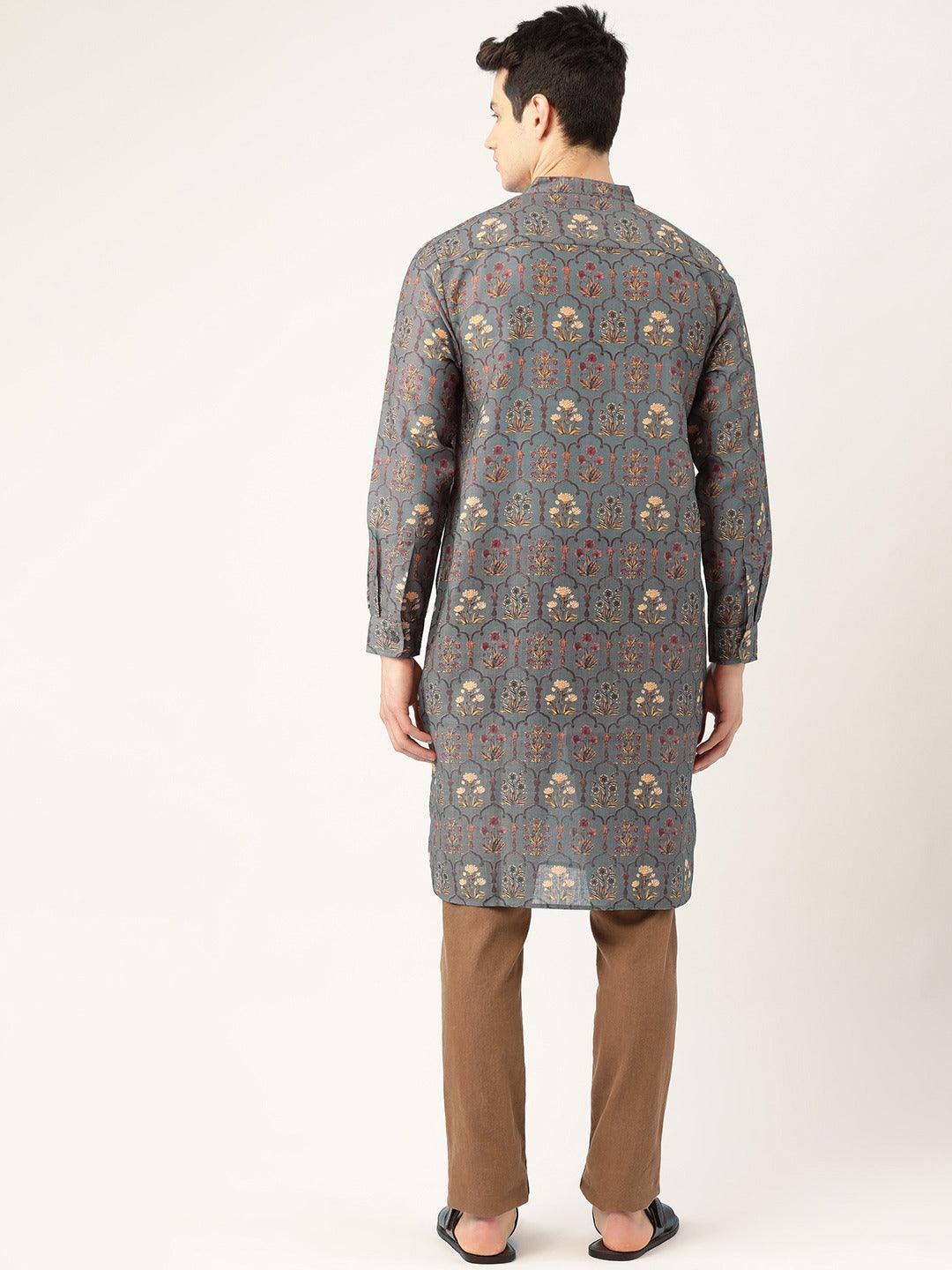 Men Grey & Brown Printed Straight Kurta-Mens Kurta-StyleQuotient