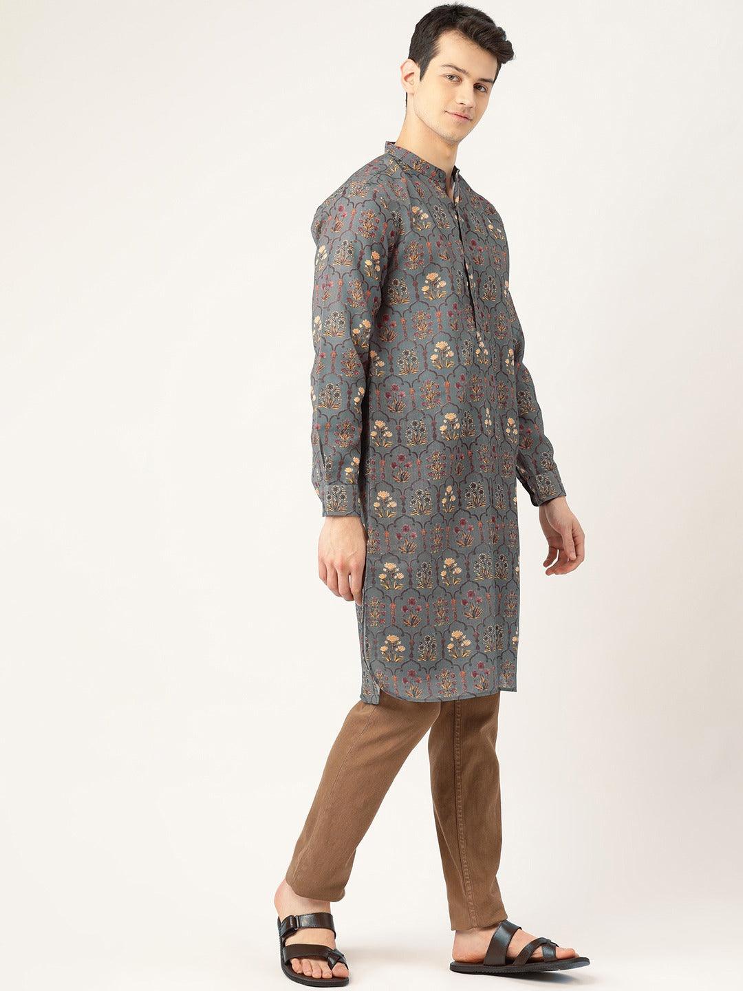 Men Grey & Brown Printed Straight Kurta-Mens Kurta-StyleQuotient