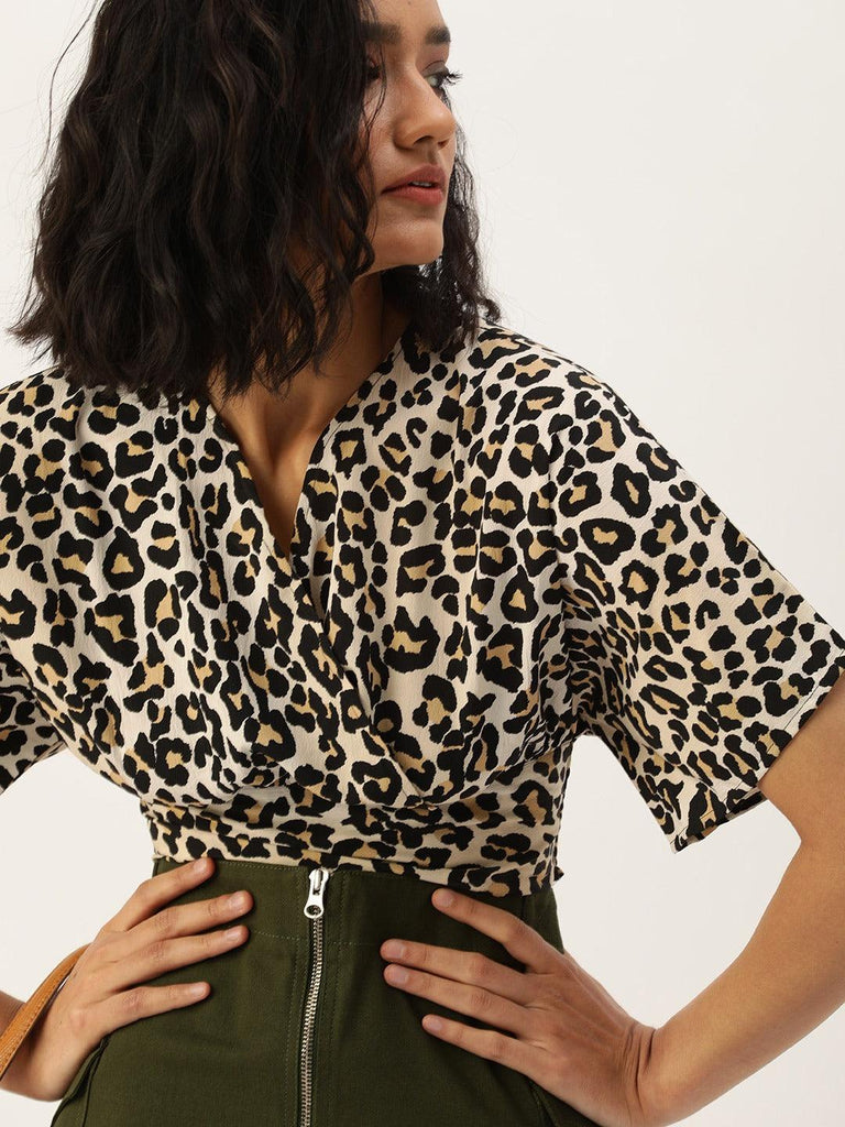 Off White & Black Animal Printed Crepe Blouson Crop Top-Tops-StyleQuotient