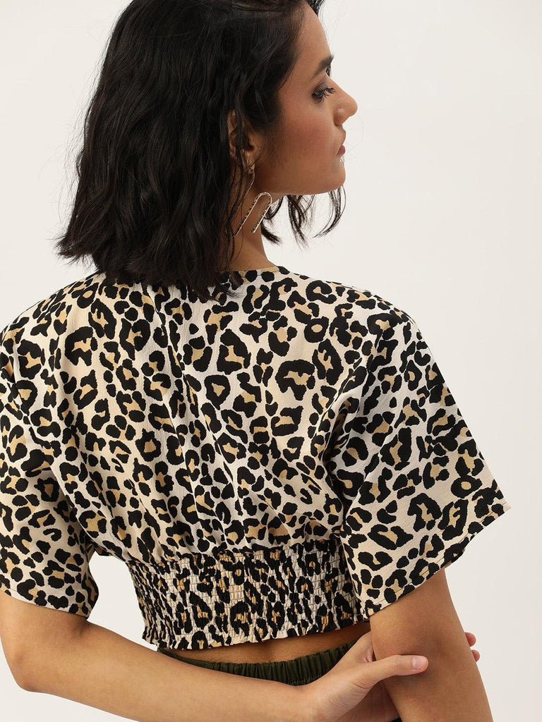 Off White & Black Animal Printed Crepe Blouson Crop Top-Tops-StyleQuotient