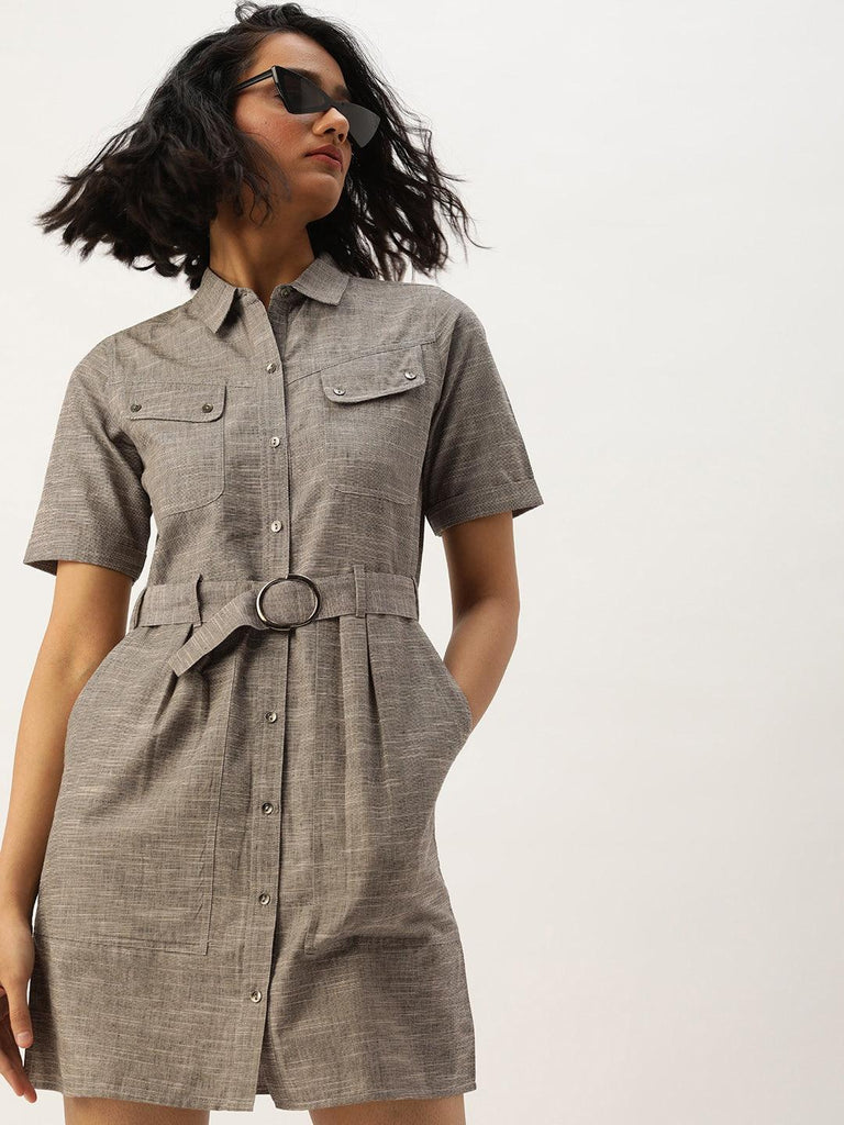Women Grey Solid Shirt Dress-Dresses-StyleQuotient