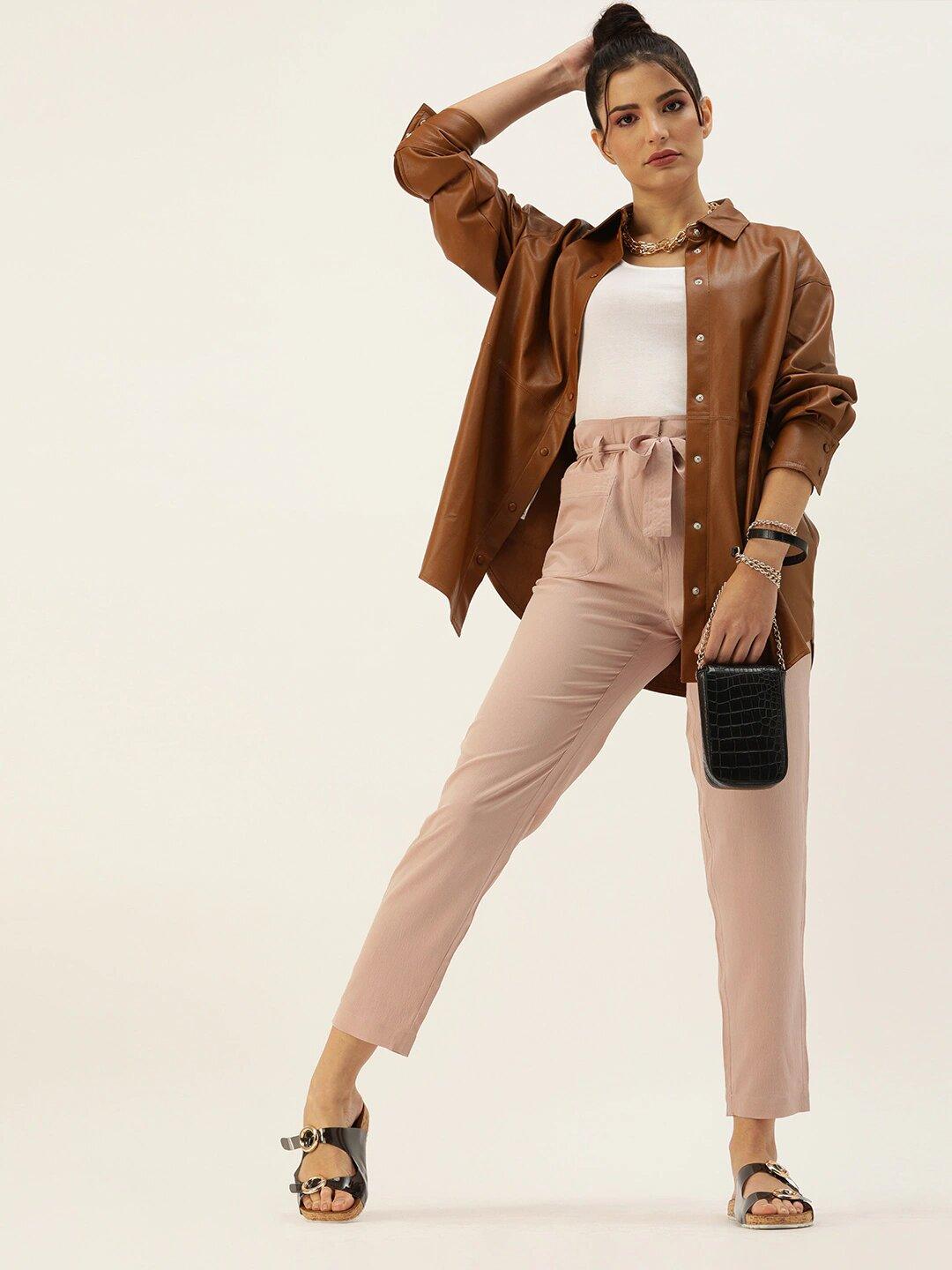 Women Nude-Coloured Relaxed Regular Fit Solid Trousers-Trousers-StyleQuotient