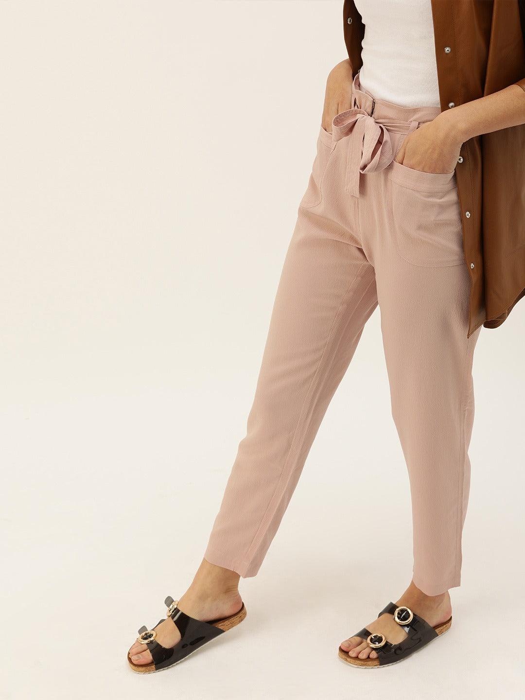 Women Nude-Coloured Relaxed Regular Fit Solid Trousers-Trousers-StyleQuotient