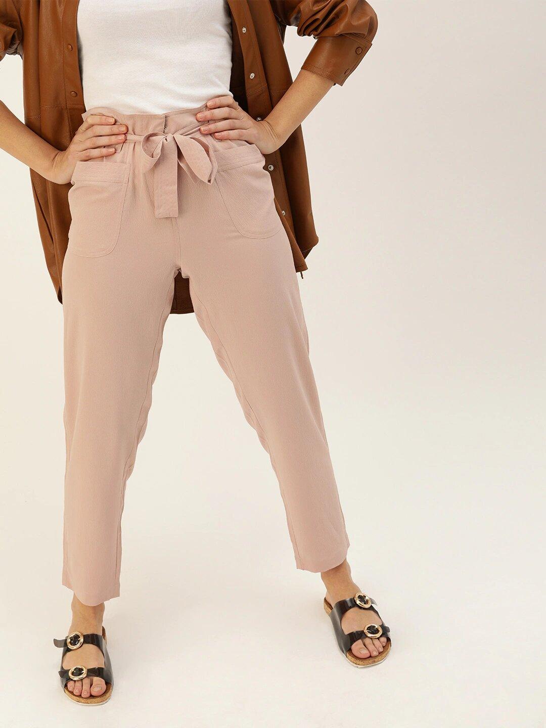 Women Nude-Coloured Relaxed Regular Fit Solid Trousers-Trousers-StyleQuotient