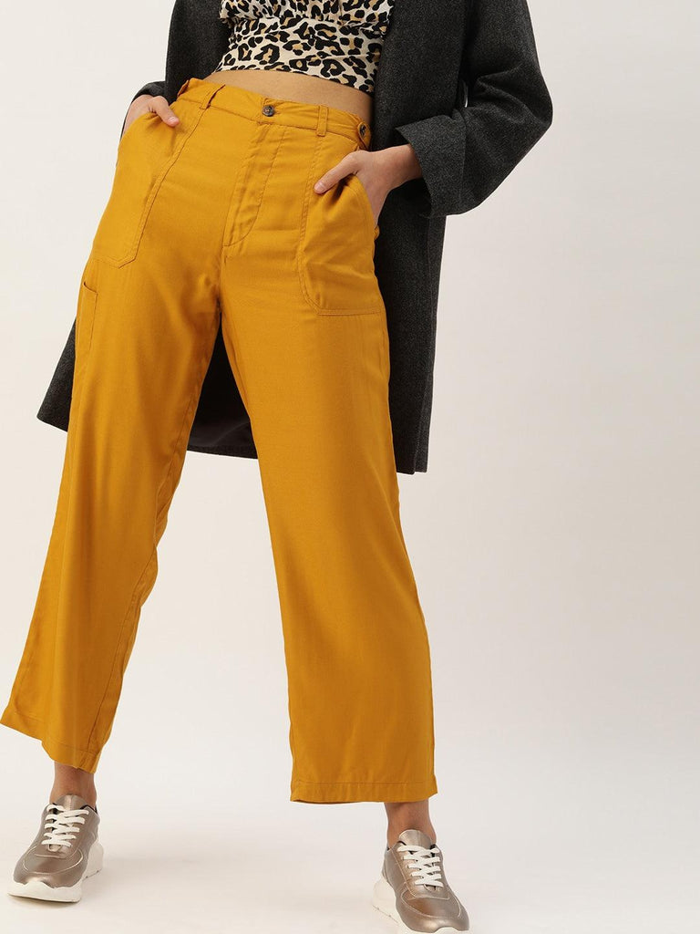 Women Mustard Yellow Flared Solid Parallel Trousers-Trousers-StyleQuotient
