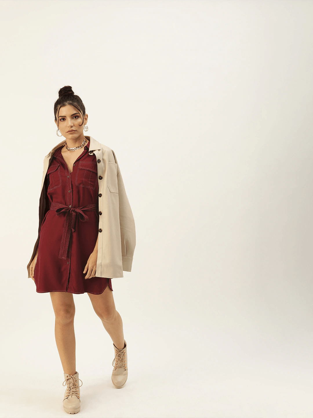 Women Solid Shirt Dress with Belt-Dresses-StyleQuotient