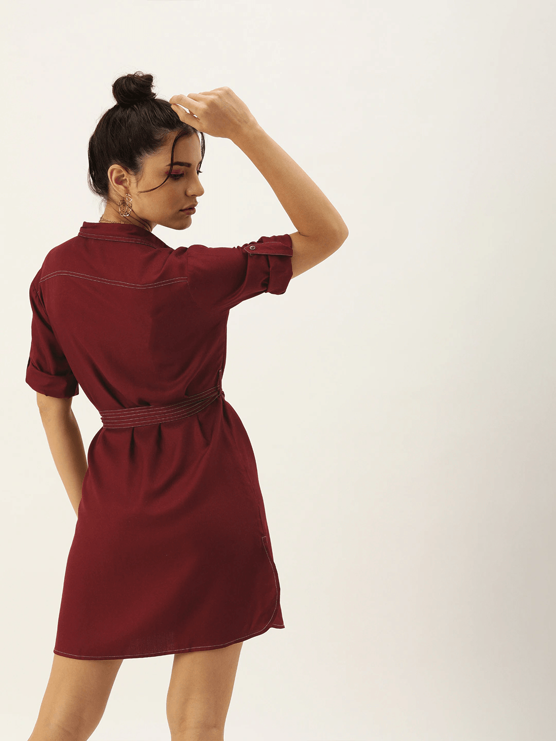 Women Solid Shirt Dress with Belt-Dresses-StyleQuotient