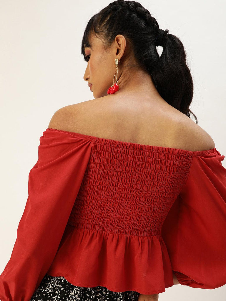 Off-Shoulder Puff Sleeve Smocked Crepe A-Line Crop Top-Tops-StyleQuotient