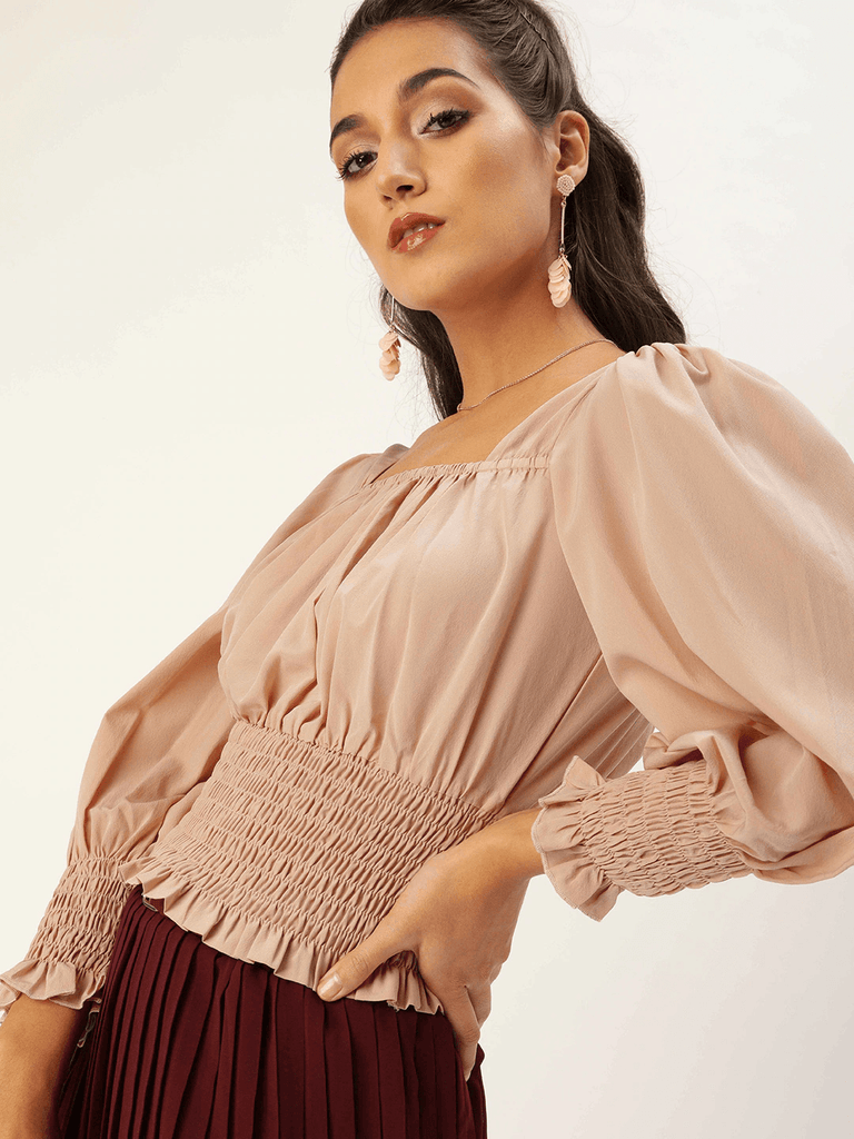 Smocked Crepe Blouson Top-Tops-StyleQuotient