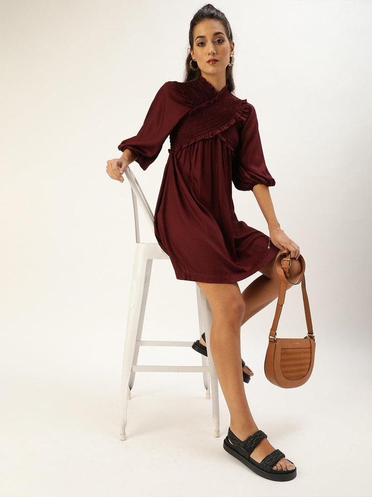 Burgundy Smocked Empire Dress-Dresses-StyleQuotient