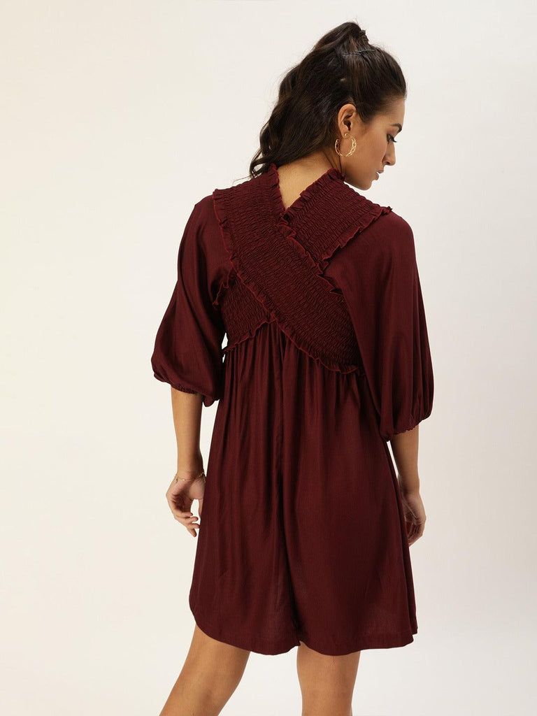 Burgundy Smocked Empire Dress-Dresses-StyleQuotient