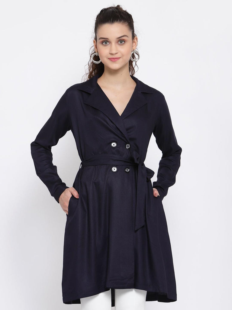 Women Solid Double-Breasted Knee-Length Trench Coat-Jackets-StyleQuotient