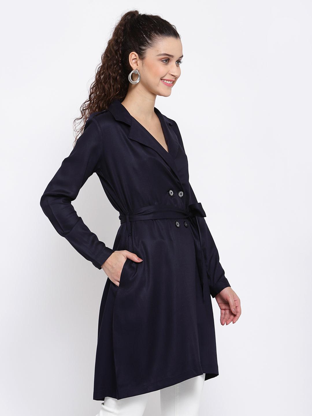 Women Solid Double-Breasted Knee-Length Trench Coat-Jackets-StyleQuotient