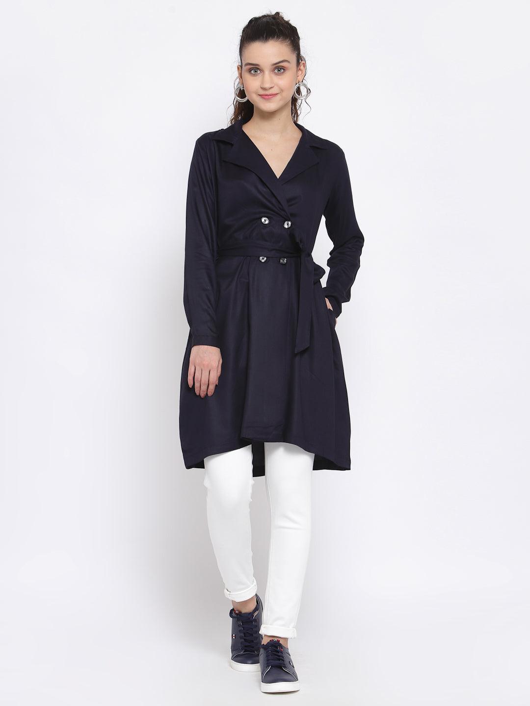 Women Solid Double-Breasted Knee-Length Trench Coat-Jackets-StyleQuotient