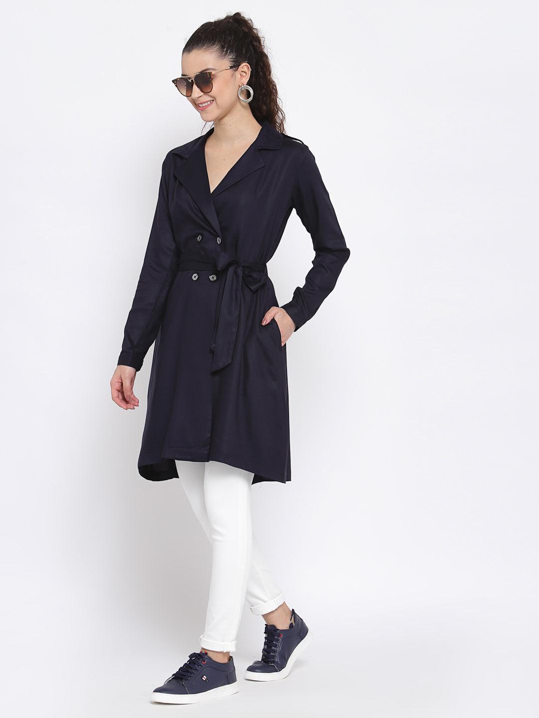 Women Solid Double-Breasted Knee-Length Trench Coat-Jackets-StyleQuotient