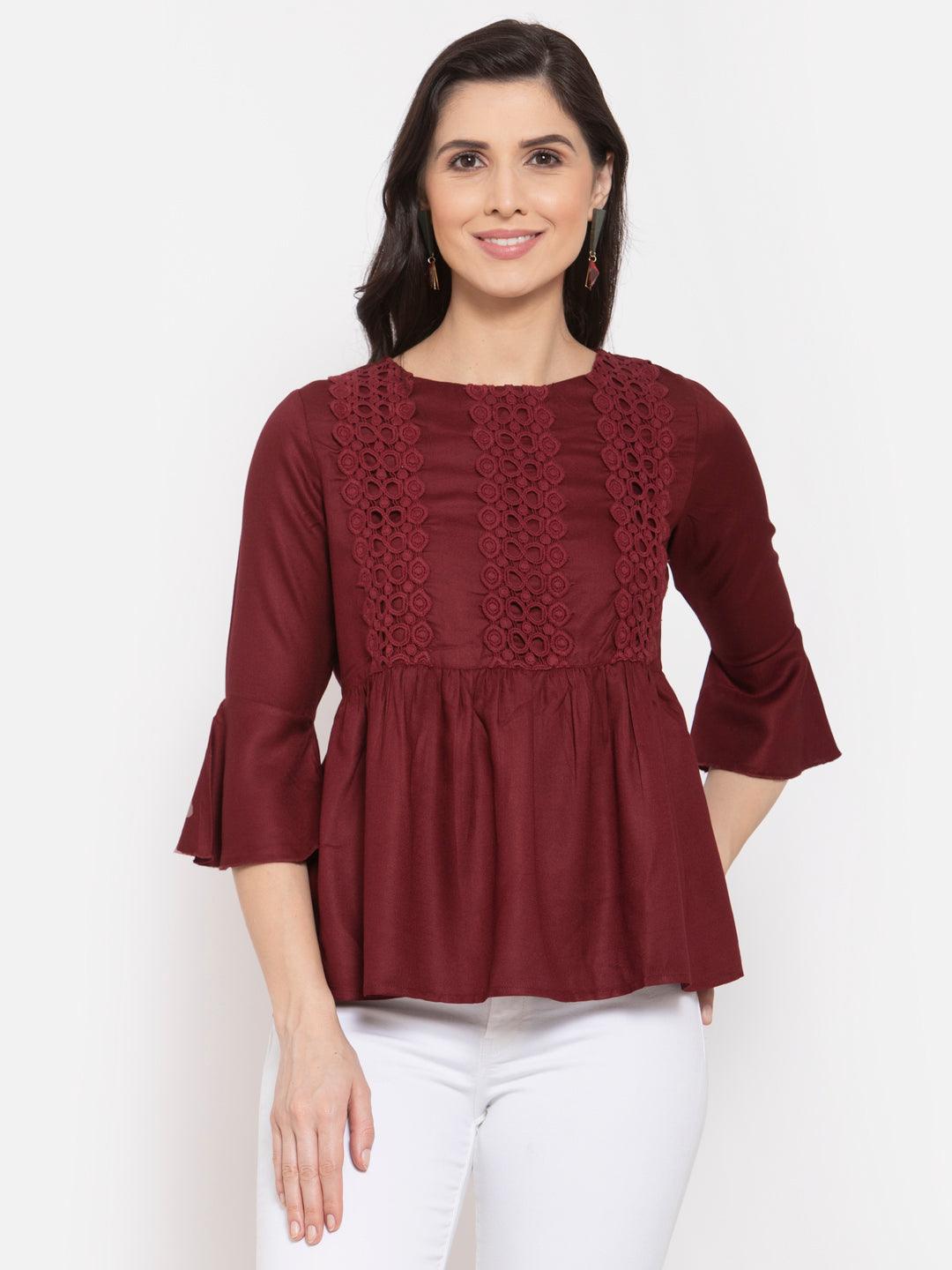 Style Quotient Women Solid Maroon Viscose Rayon Empire Smart Casual Top-Tops-StyleQuotient