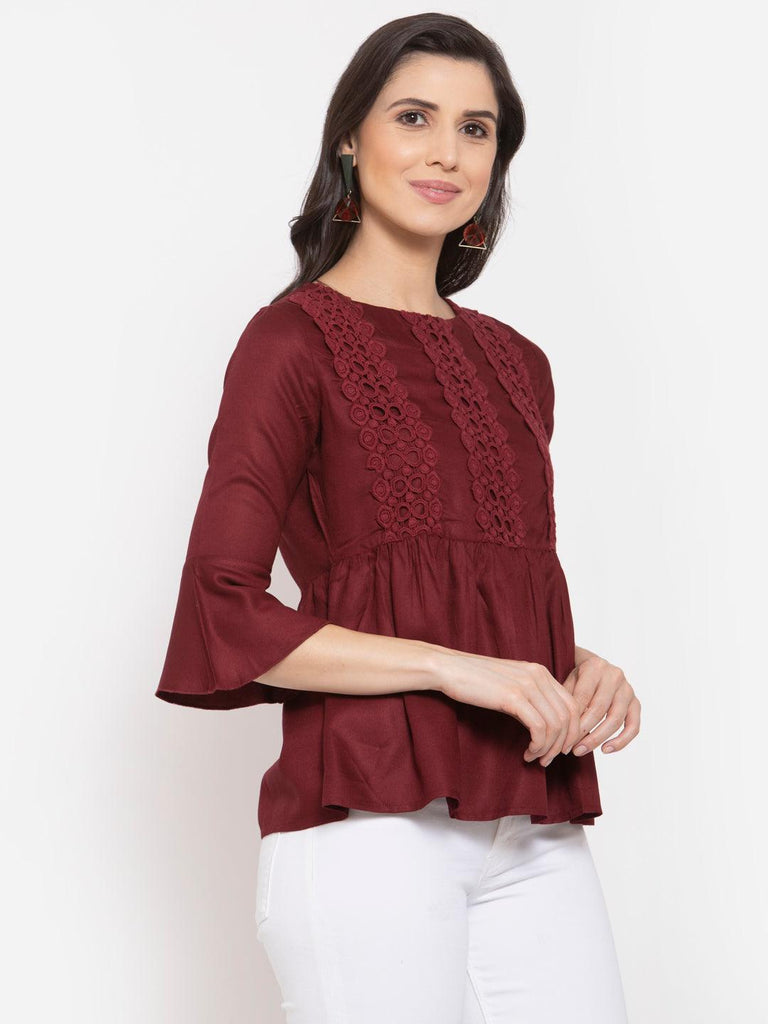 Style Quotient Women Solid Maroon Viscose Rayon Empire Smart Casual Top-Tops-StyleQuotient