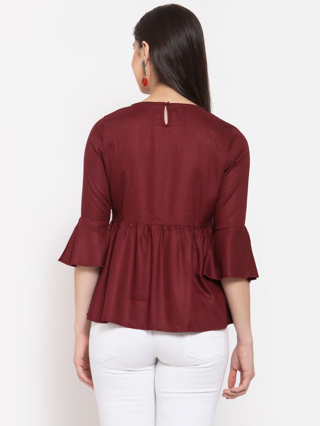 Style Quotient Women Solid Maroon Viscose Rayon Empire Smart Casual Top-Tops-StyleQuotient