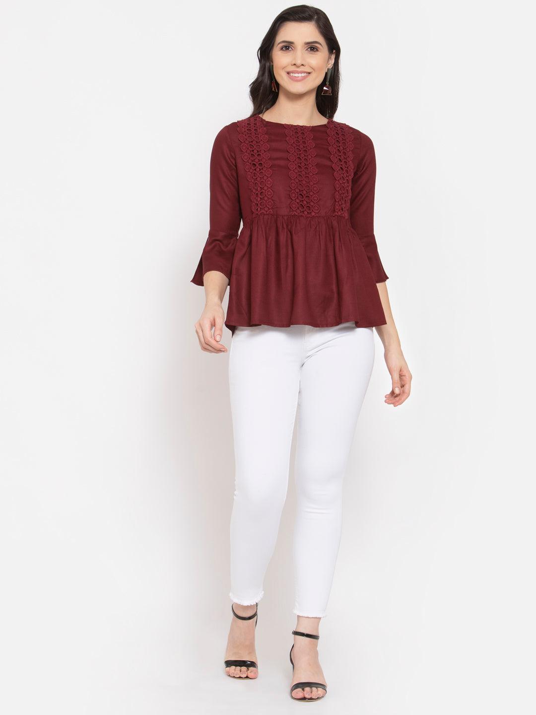 Style Quotient Women Solid Maroon Viscose Rayon Empire Smart Casual Top-Tops-StyleQuotient