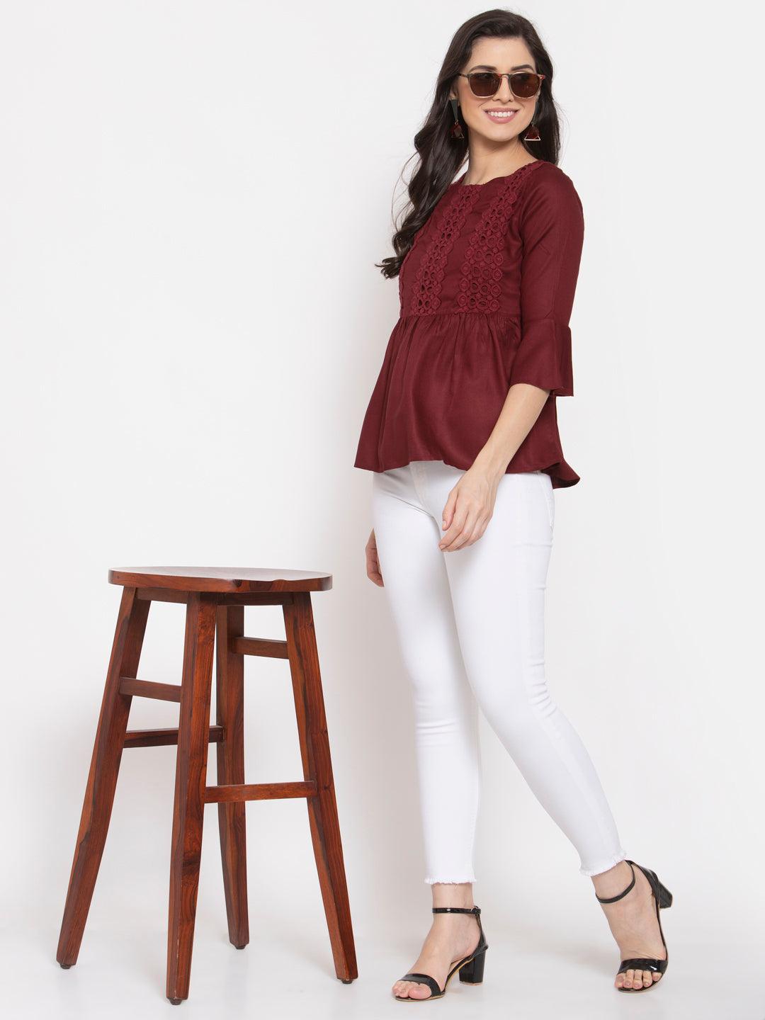 Style Quotient Women Solid Maroon Viscose Rayon Empire Smart Casual Top-Tops-StyleQuotient