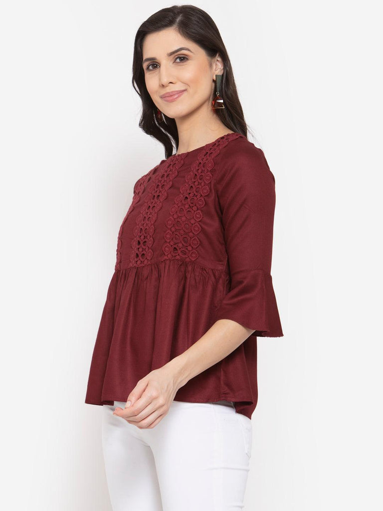 Style Quotient Women Solid Maroon Viscose Rayon Empire Smart Casual Top-Tops-StyleQuotient