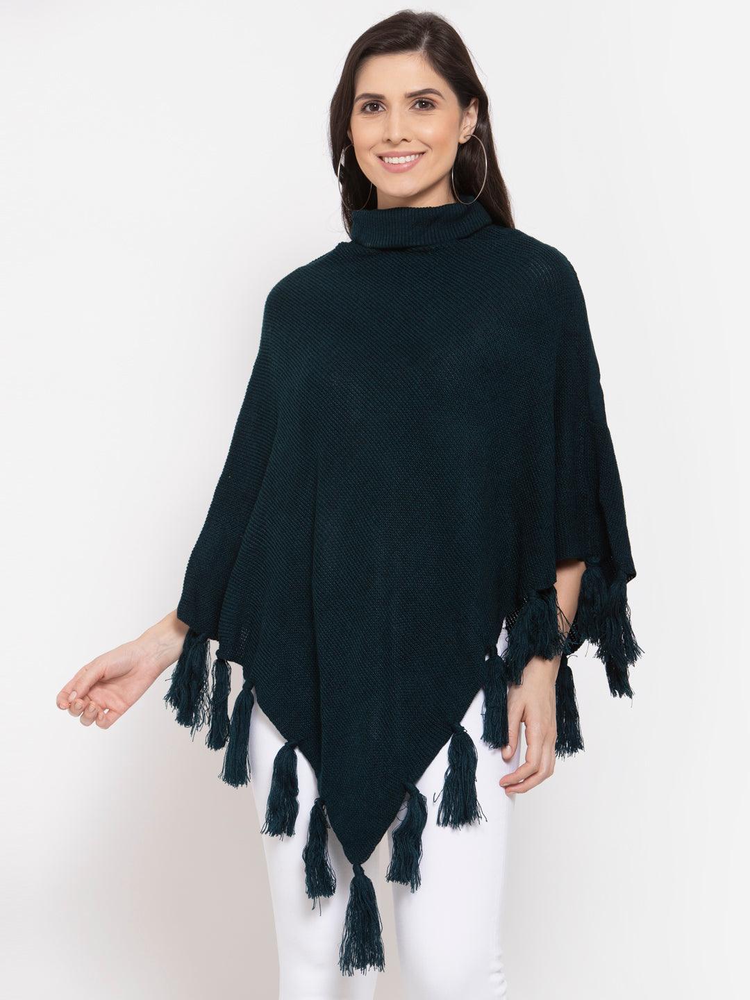 Women Poncho with Fringed Detail-Sweaters-StyleQuotient