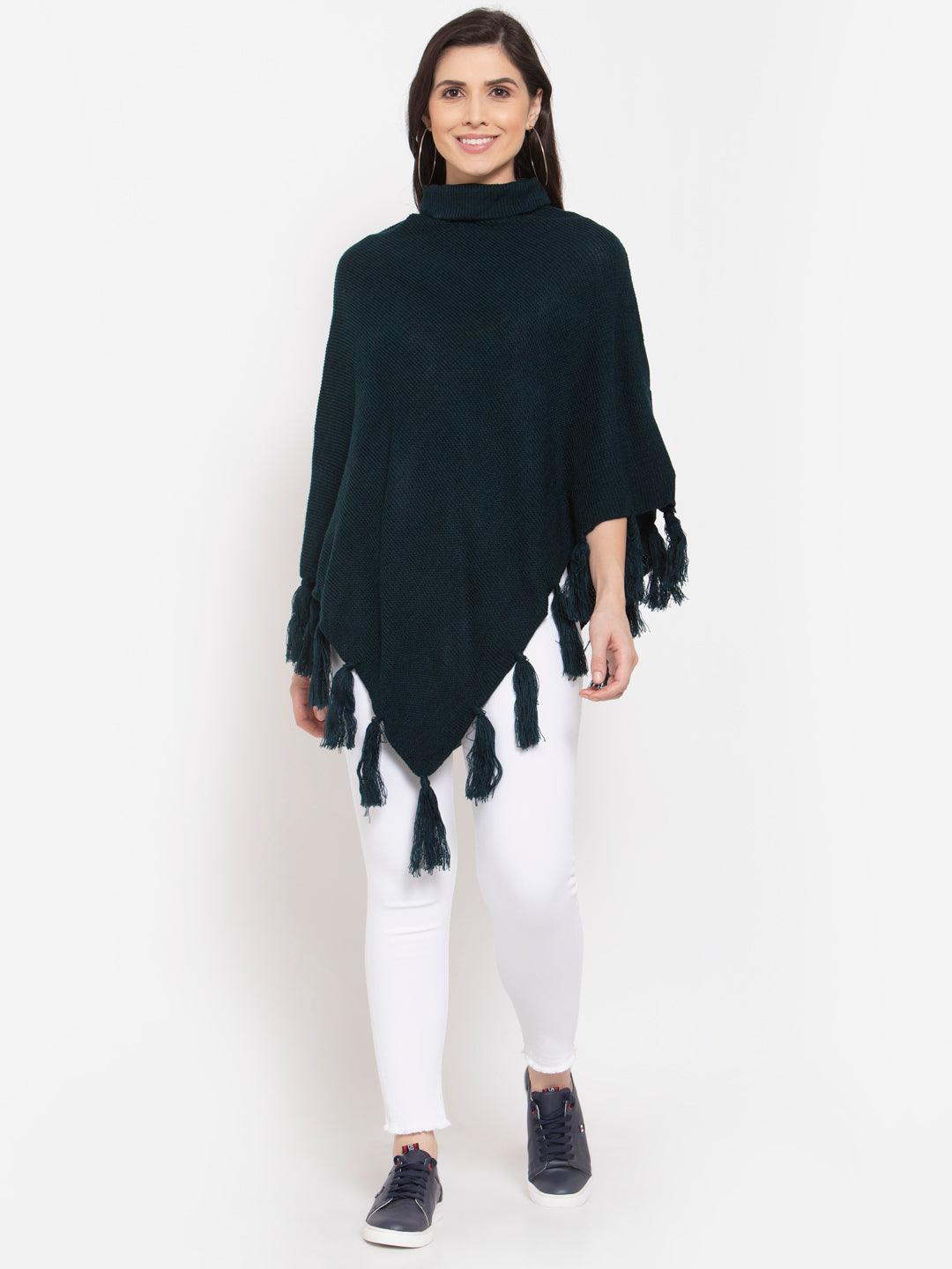 Women Poncho with Fringed Detail-Sweaters-StyleQuotient