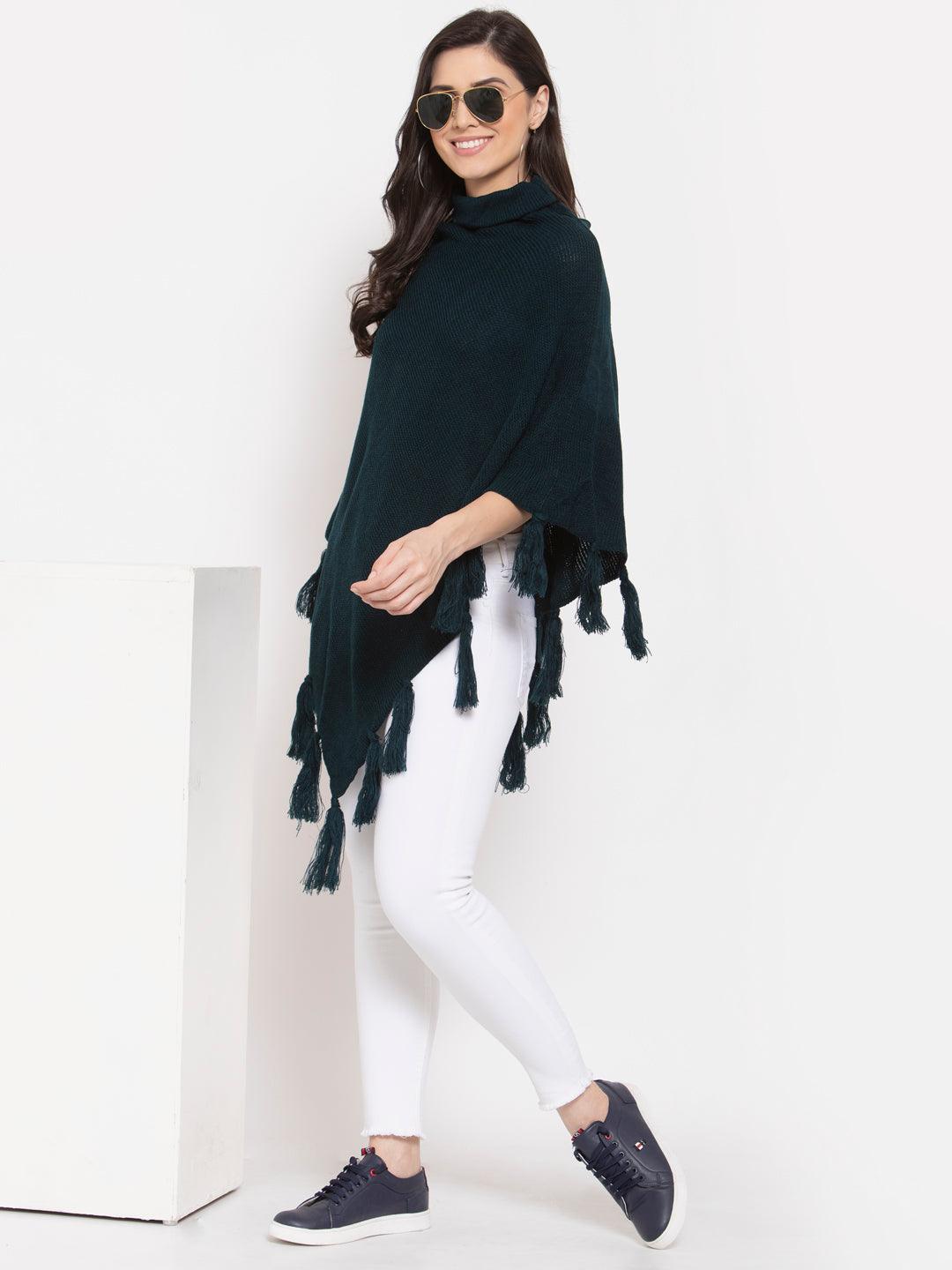 Women Poncho with Fringed Detail-Sweaters-StyleQuotient