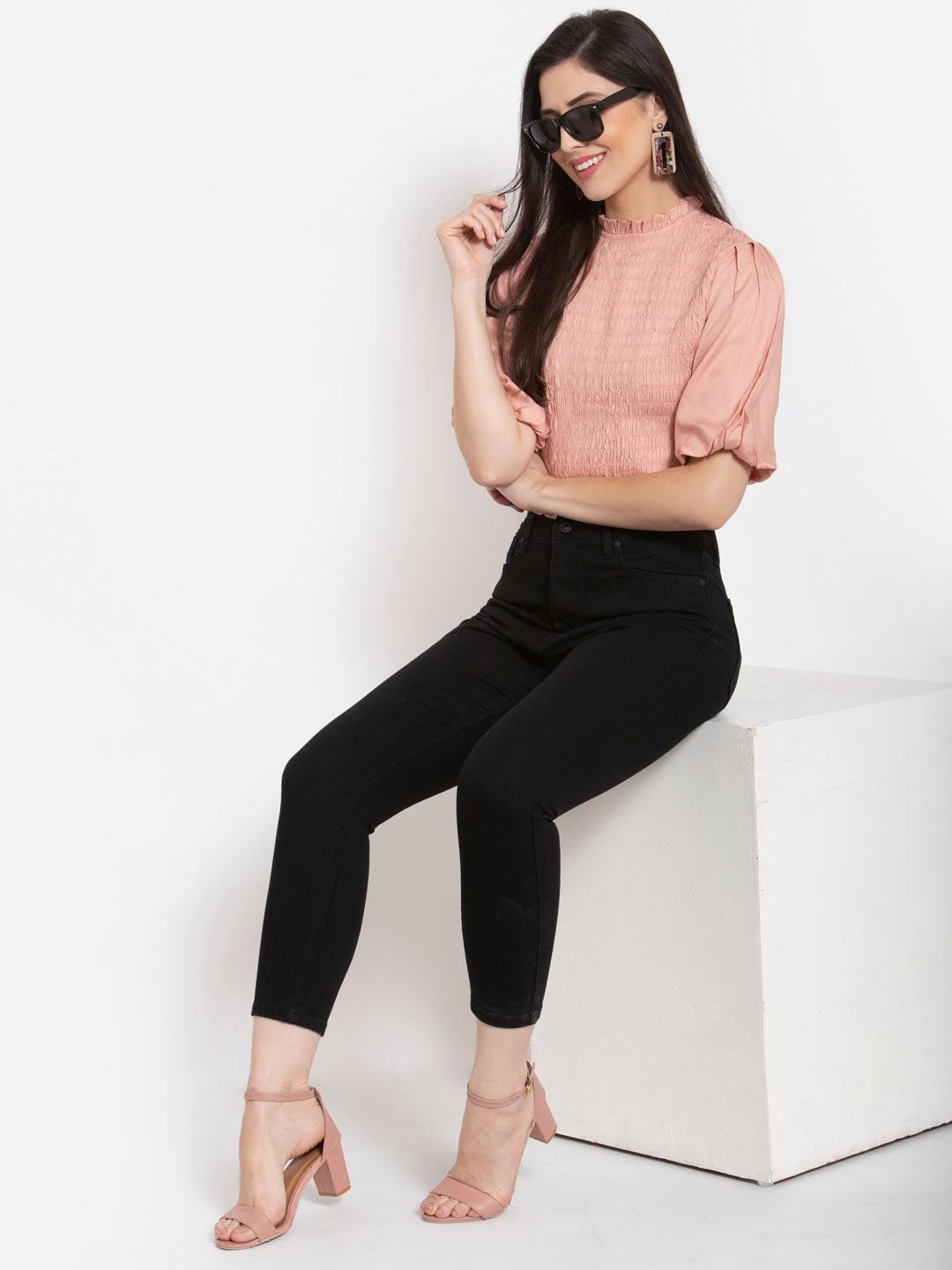 Womens Puff Sleeve Fitted Crop Top-Tops-StyleQuotient