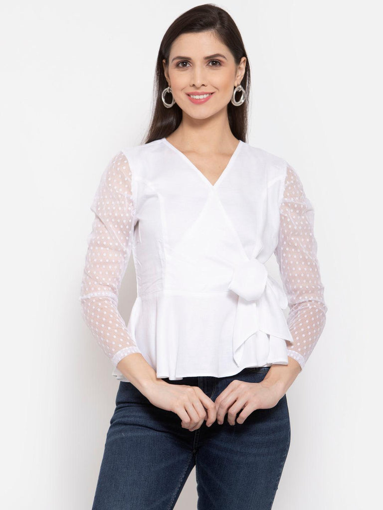 Womens Lace Inserts Semi-Sheer Wrap Top-Tops-StyleQuotient