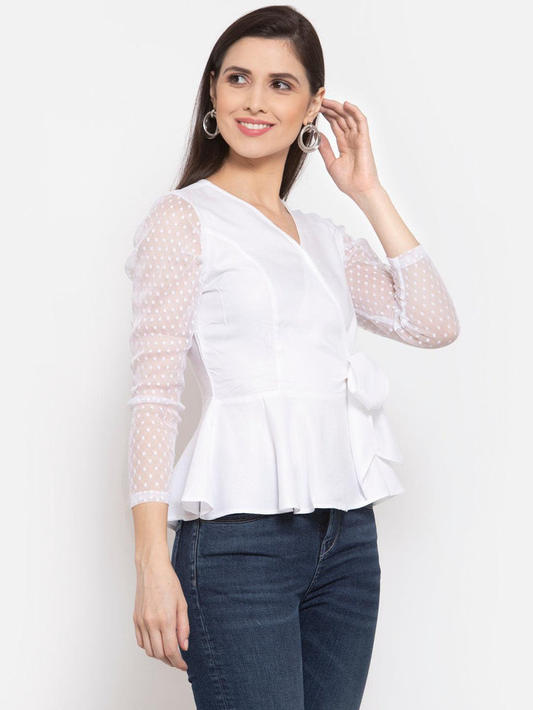 Womens Lace Inserts Semi-Sheer Wrap Top-Tops-StyleQuotient