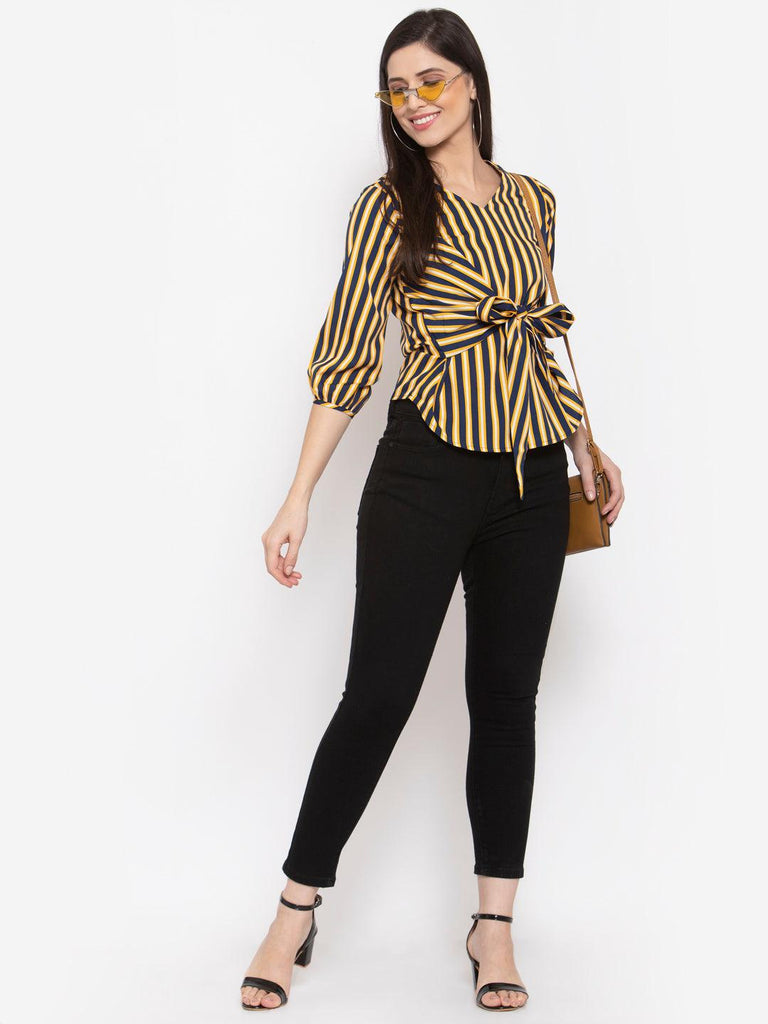 Womens Striped Puff Sleeve Crepe Cinched Waist Top-Tops-StyleQuotient