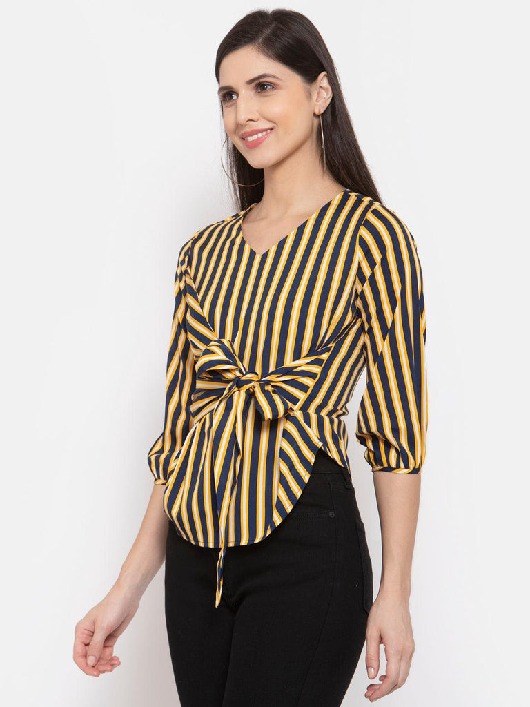 Womens Striped Puff Sleeve Crepe Cinched Waist Top-Tops-StyleQuotient