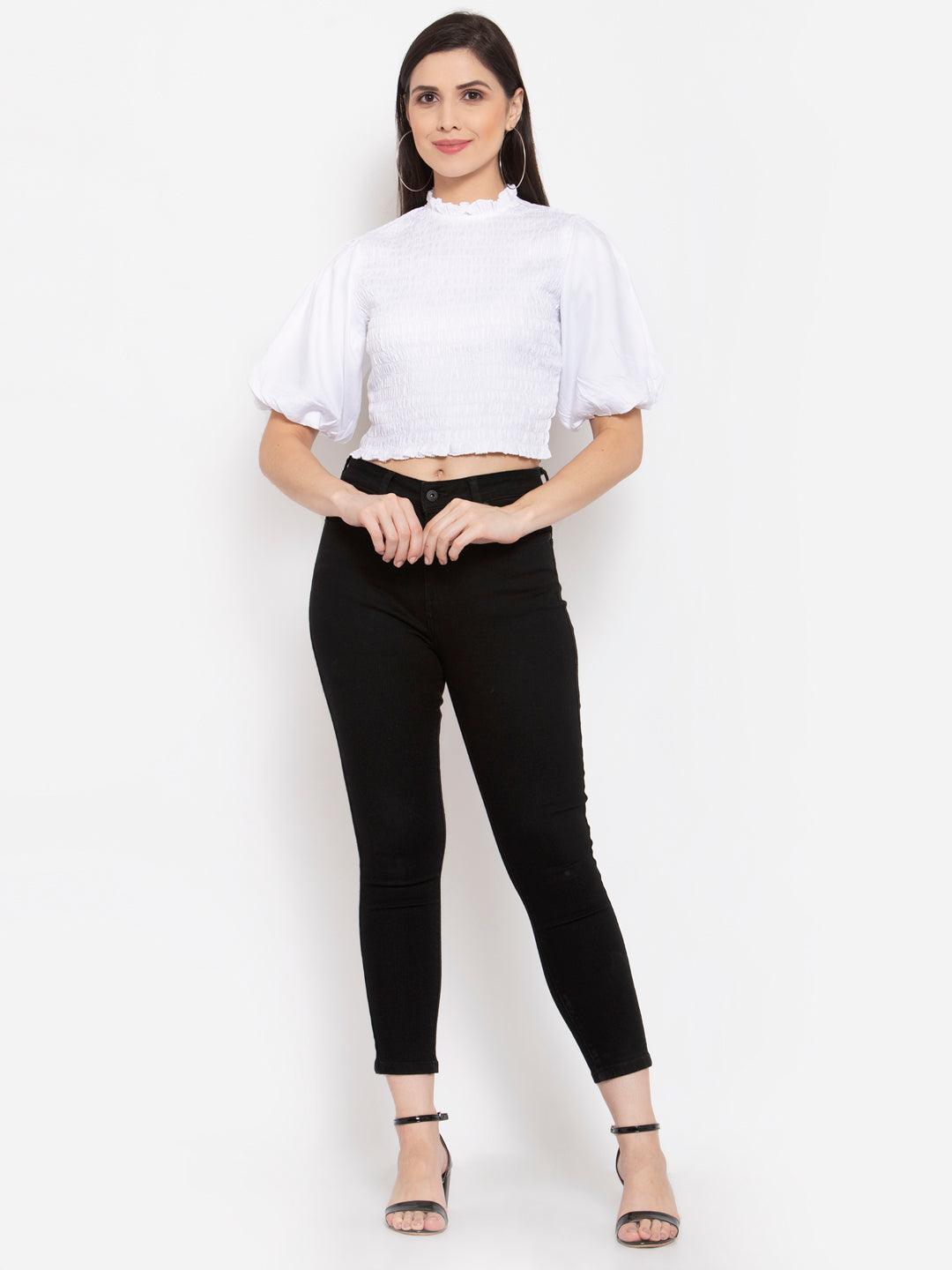 Womens Fitted Crop Top With Smocking-Tops-StyleQuotient