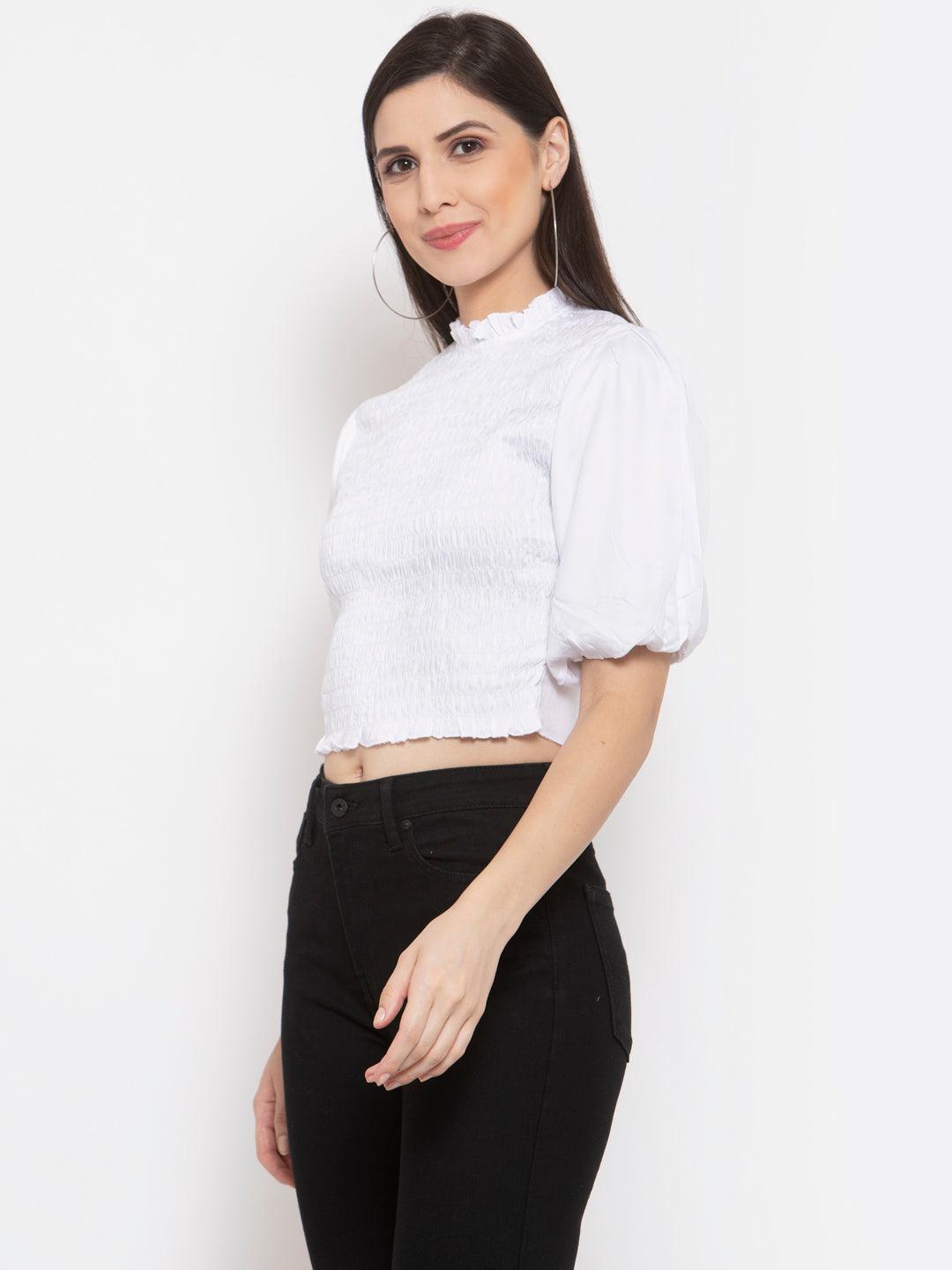 Womens Fitted Crop Top With Smocking-Tops-StyleQuotient