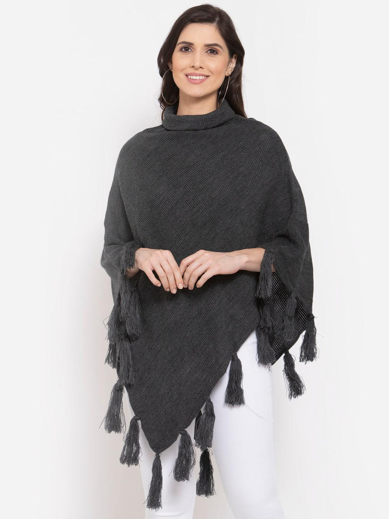 Women Poncho with Fringed Detail-Sweaters-StyleQuotient