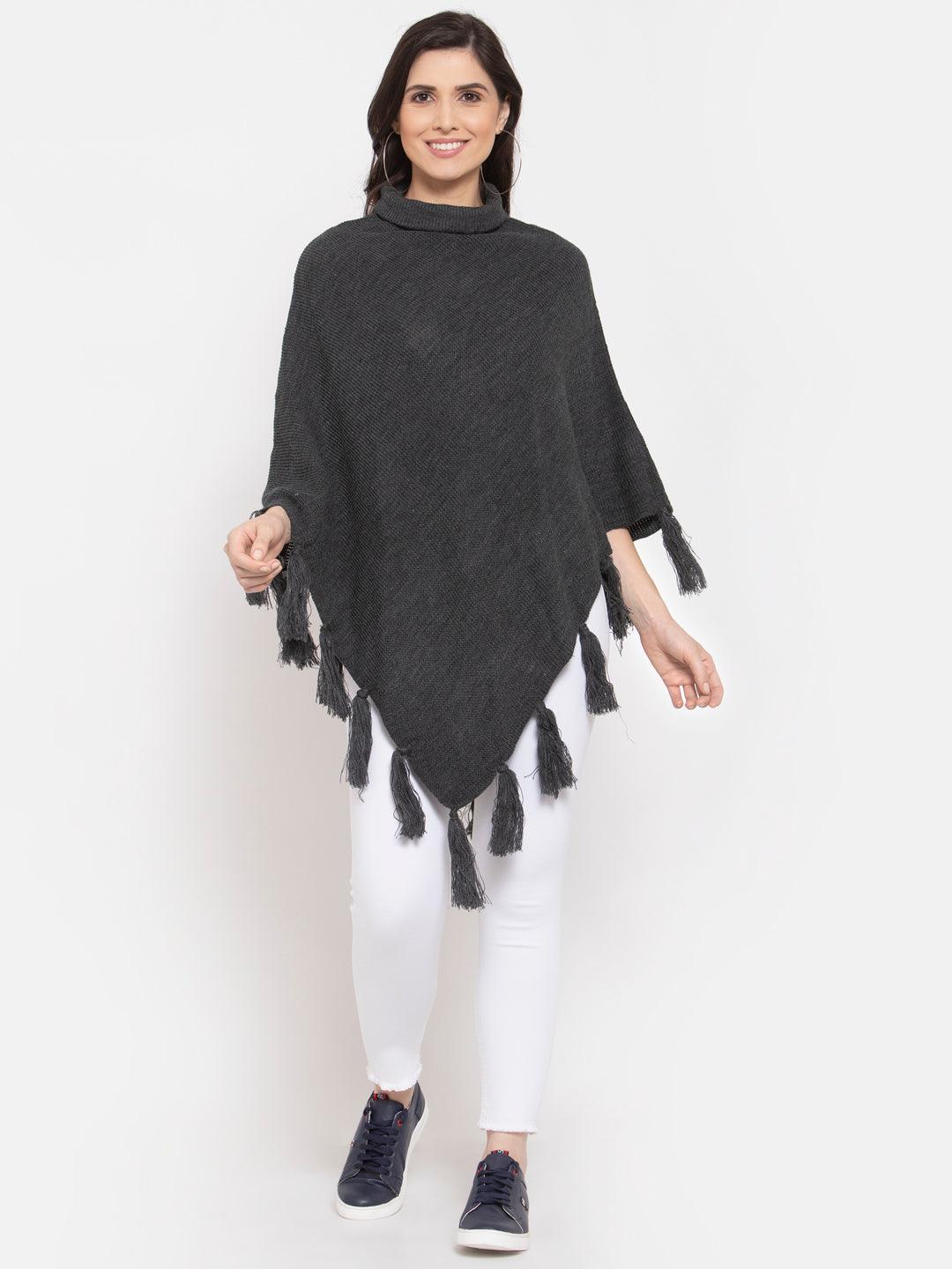 Women Poncho with Fringed Detail-Sweaters-StyleQuotient