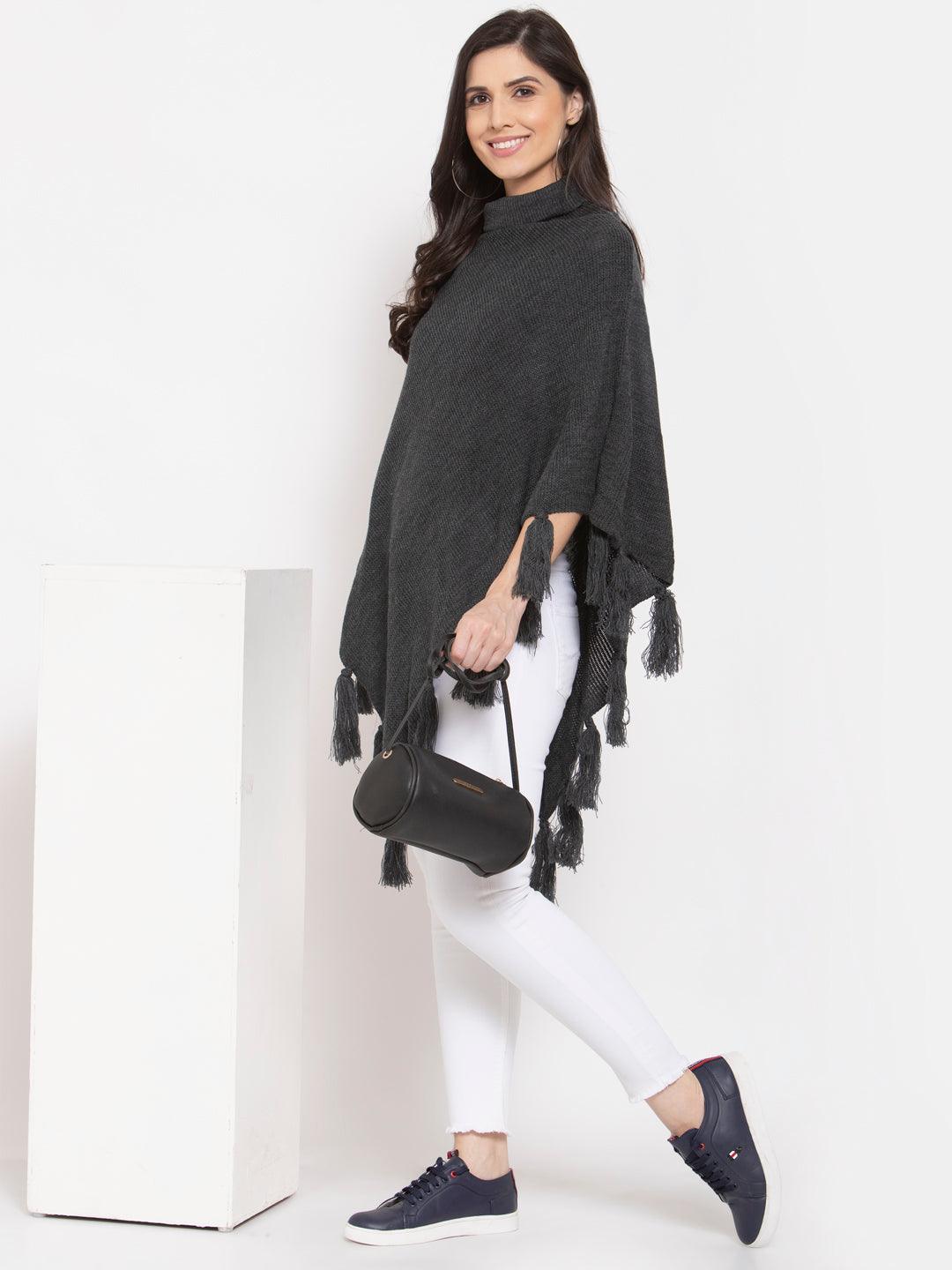 Women Poncho with Fringed Detail-Sweaters-StyleQuotient