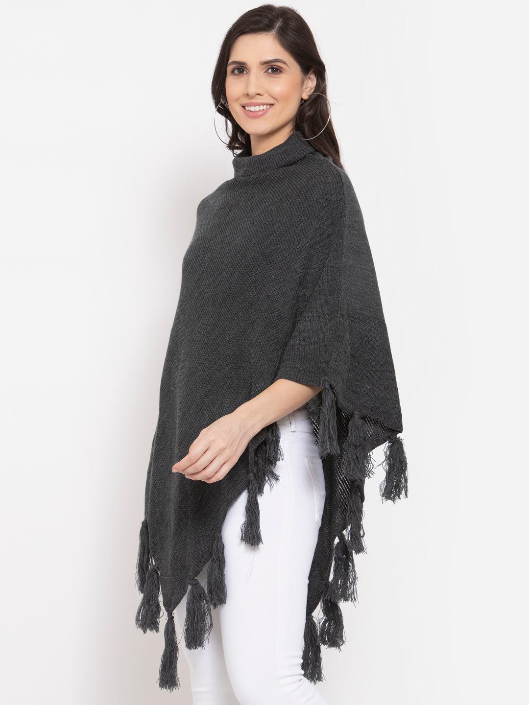 Women Poncho with Fringed Detail-Sweaters-StyleQuotient